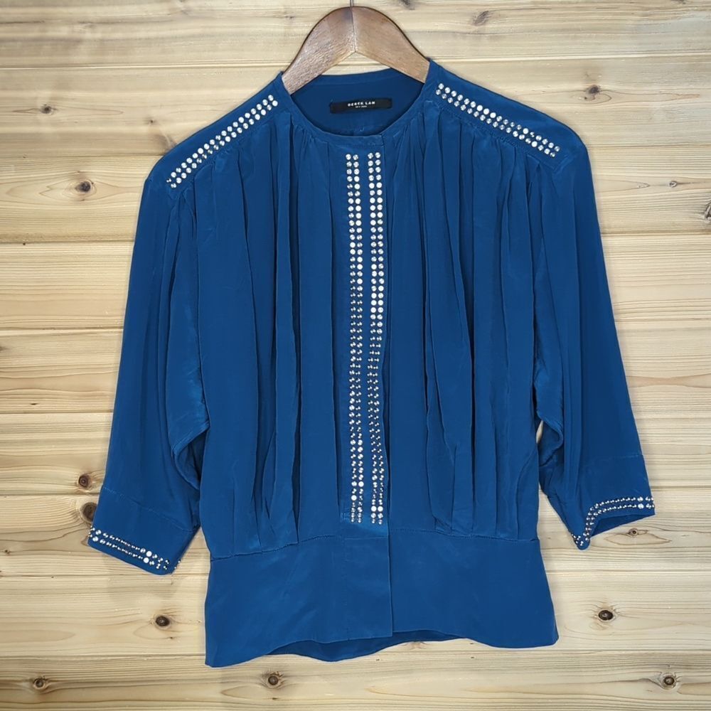 Derek Lam Top‎ Womens 4 Blue Button Front Studded Silk Blouse Sample